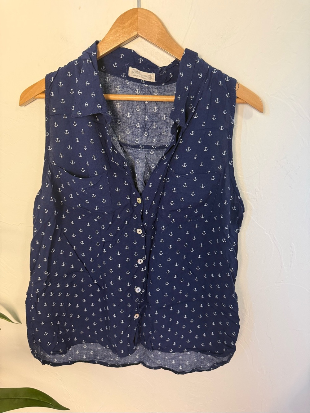 Just Living Navy Anchor Print Sleeveless Button-Up Blouse
